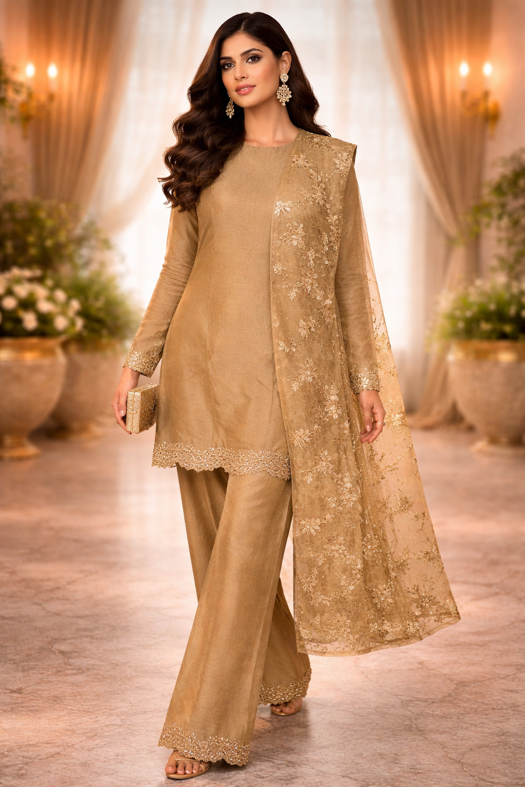 Rush Gold Banarasi Foil Print Kurta Set with Katan Silk Dupatta & Hand Dabka Work