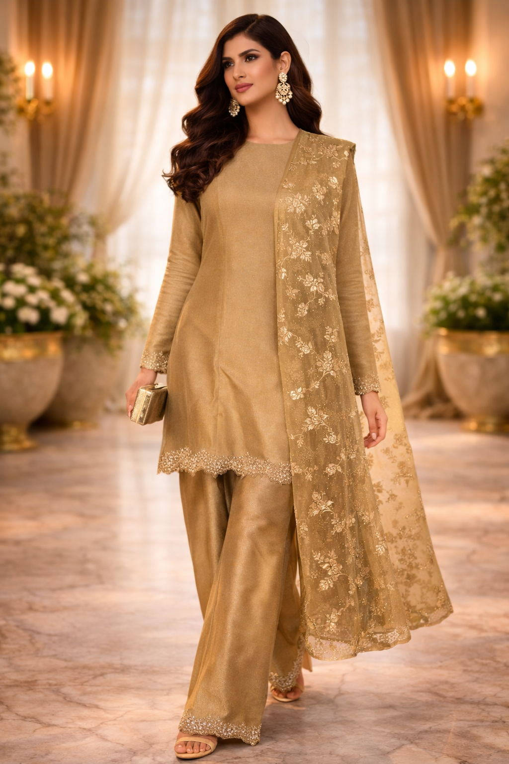 Rush Gold Banarasi Foil Print Kurta Set with Katan Silk Dupatta & Hand Dabka Work