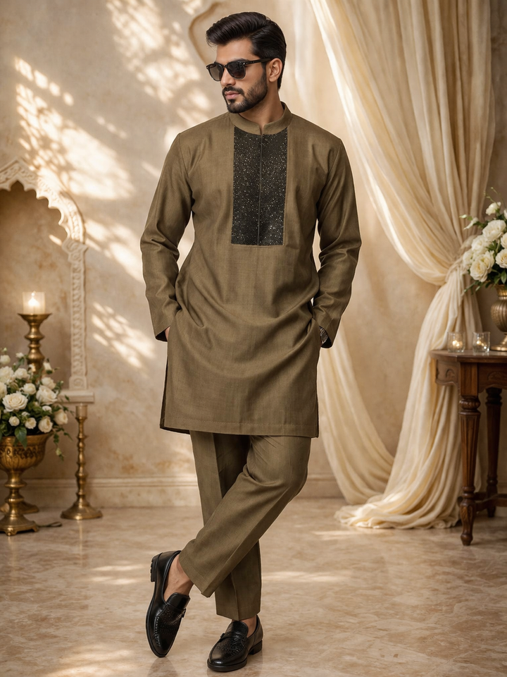 Rush Gold Katan Silk Kurta Set with Hand Katdana Work