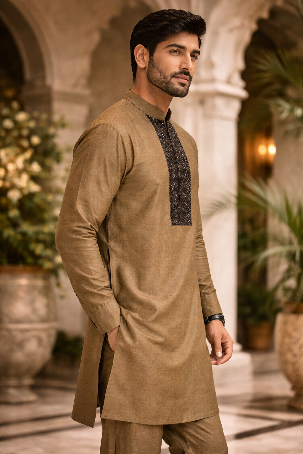 Rush Gold Katan Silk Kurta Set with Hand Katdana Work