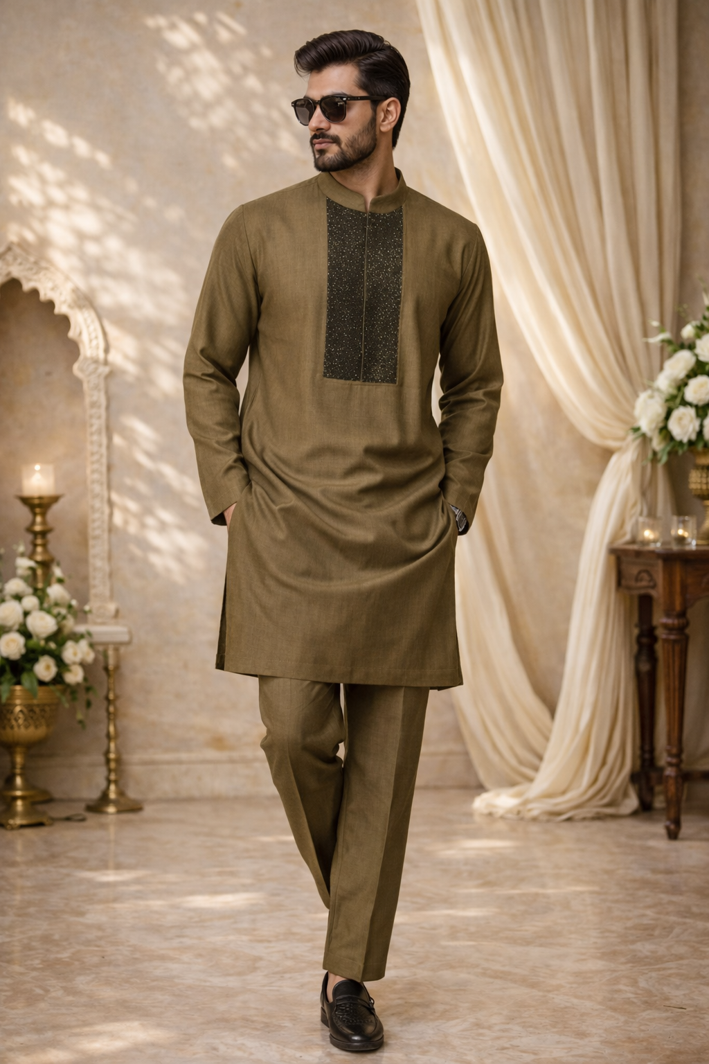Rush Gold Katan Silk Kurta Set with Hand Katdana Work