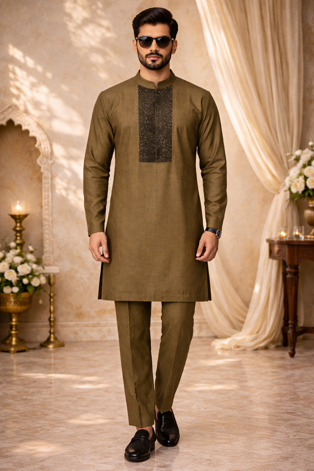 Rush Gold Katan Silk Kurta Set with Hand Katdana Work