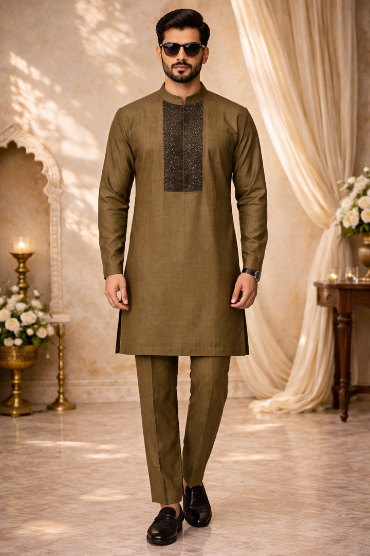 Rush Gold Katan Silk Kurta Set with Hand Katdana Work