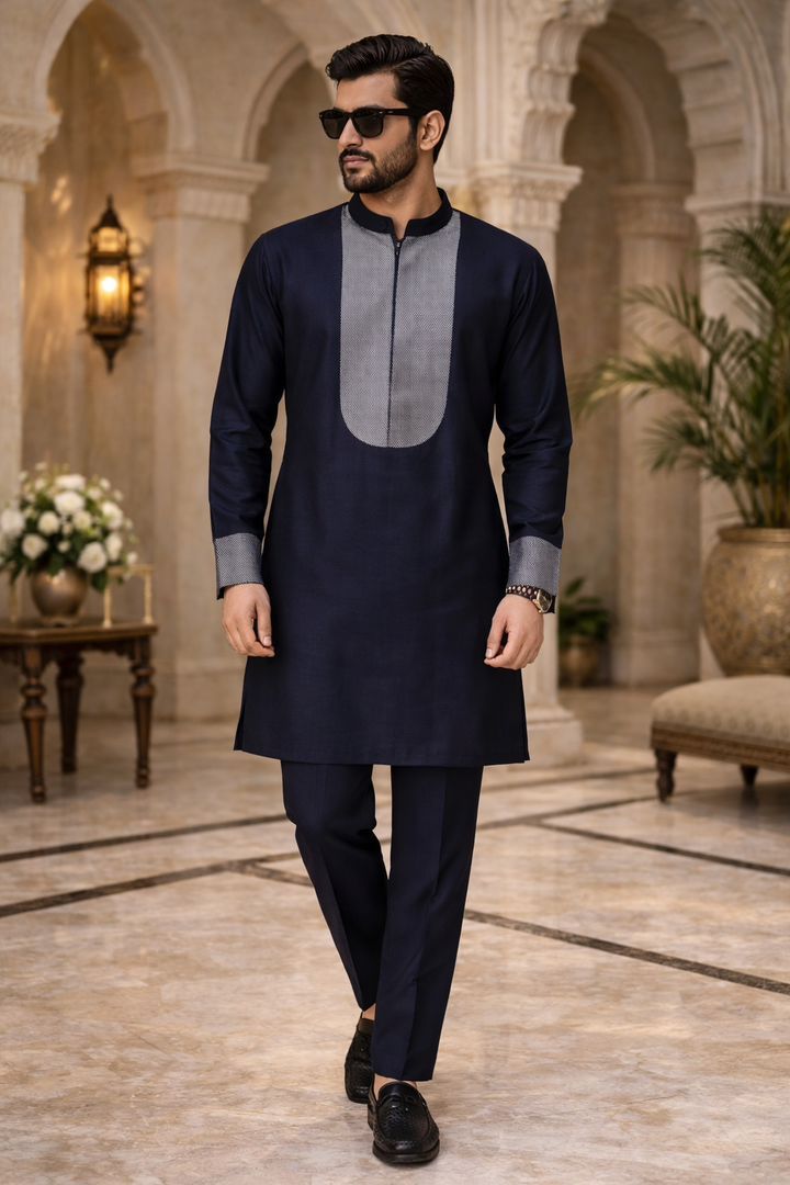 Navy Blue Katan Silk Banarasi Kurta Set with Mandarin Collar