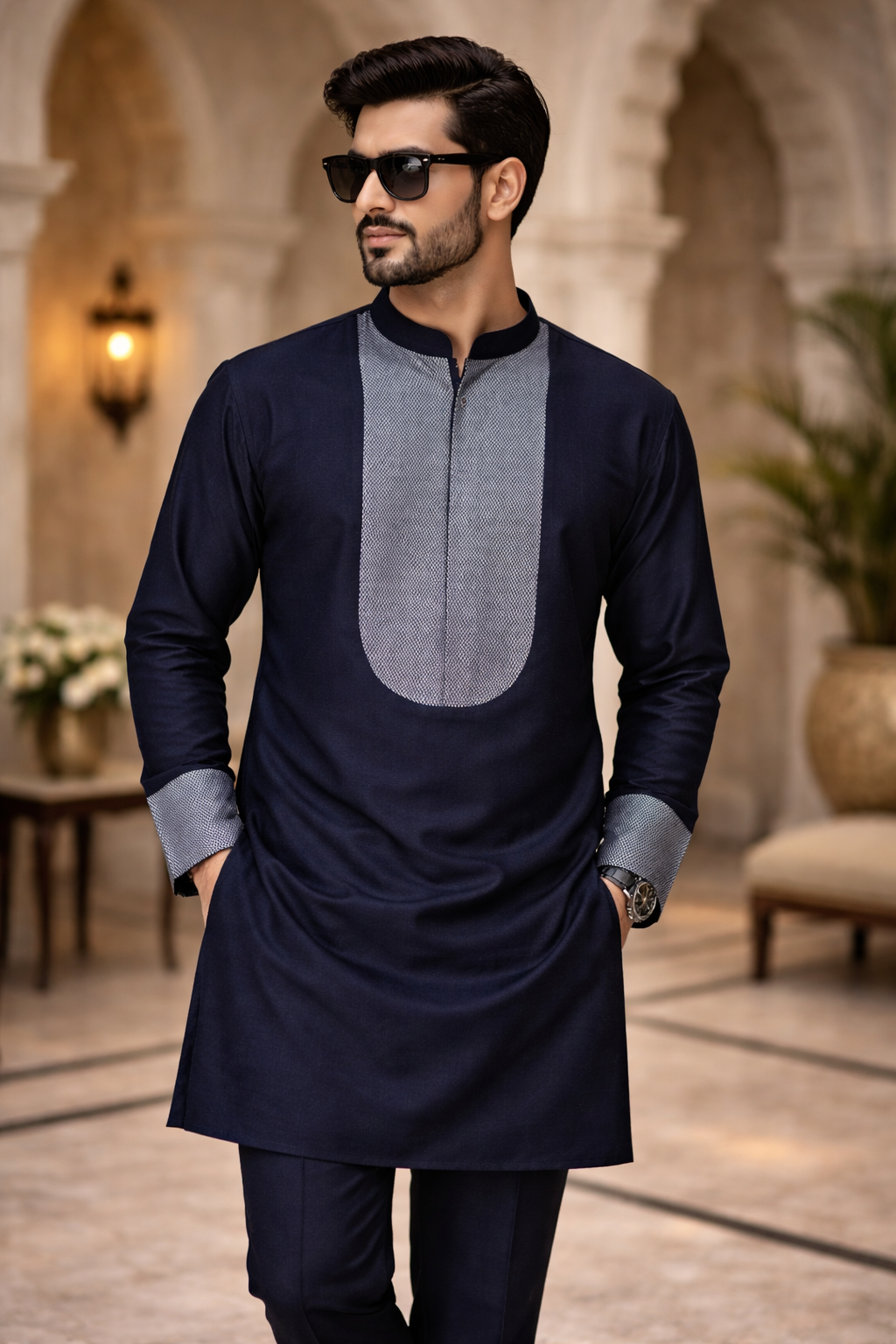 Navy Blue Katan Silk Banarasi Kurta Set with Mandarin Collar
