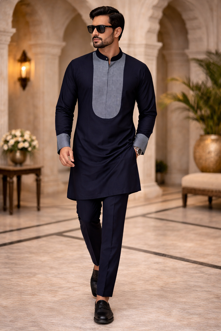 Navy Blue Katan Silk Banarasi Kurta Set with Mandarin Collar
