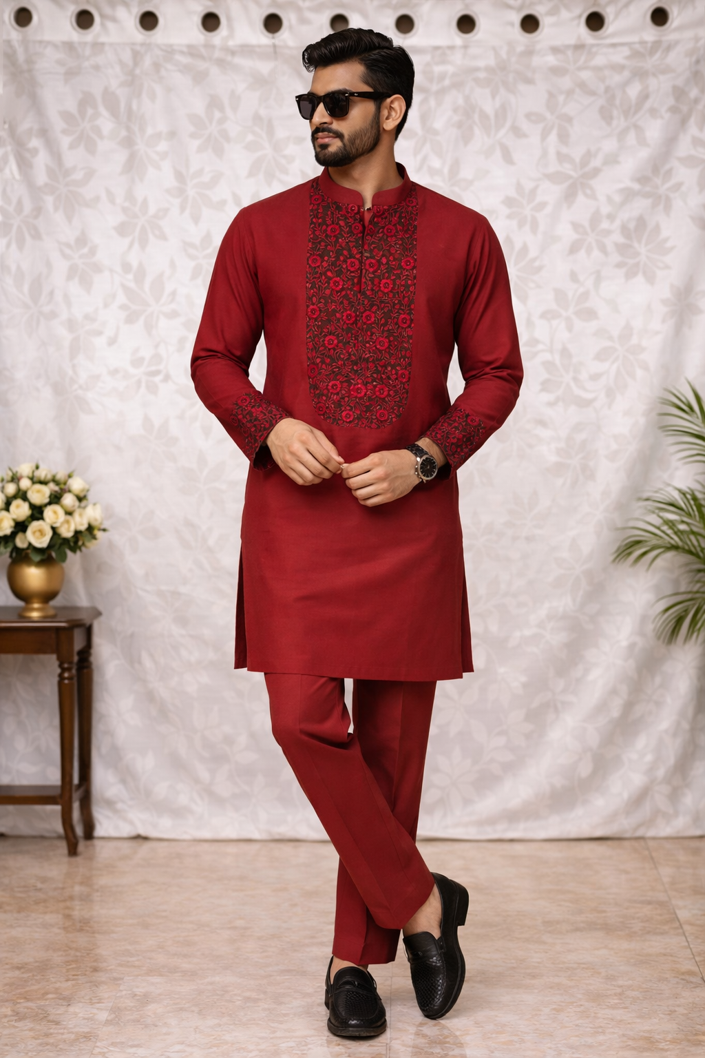 Dark Red Katan Silk Kurta Set with Hand Embroidery & Straight Pant