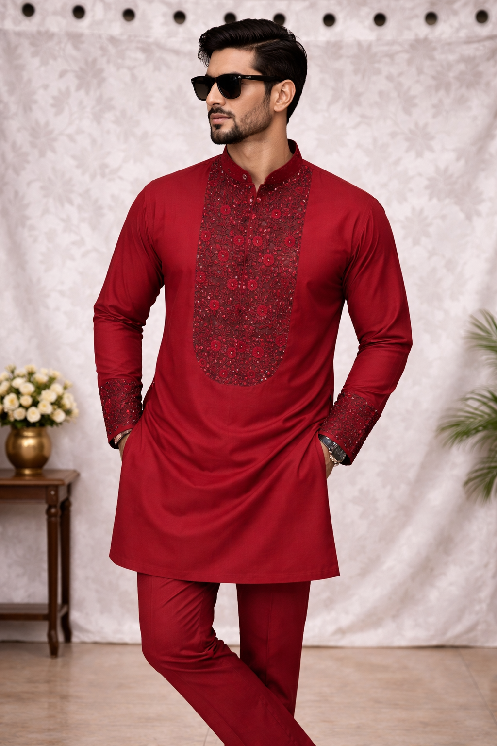 Dark Red Katan Silk Kurta Set with Hand Embroidery & Straight Pant