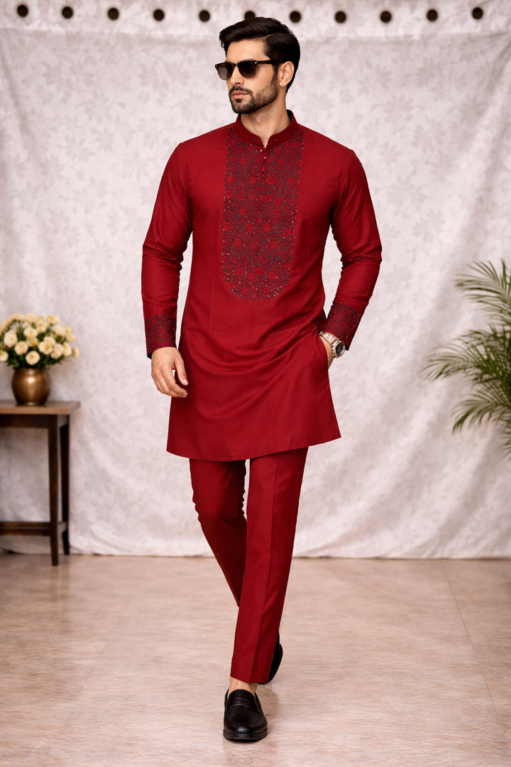 Dark Red Katan Silk Kurta Set with Hand Embroidery & Straight Pant
