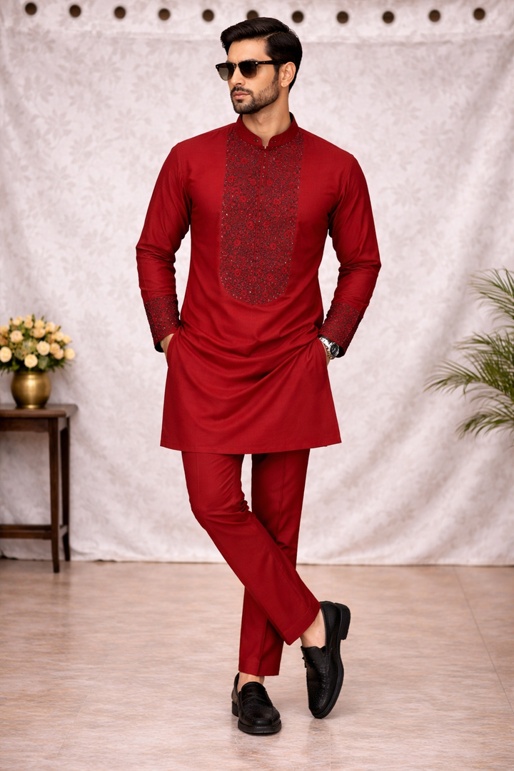 Dark Red Katan Silk Kurta Set with Hand Embroidery & Straight Pant