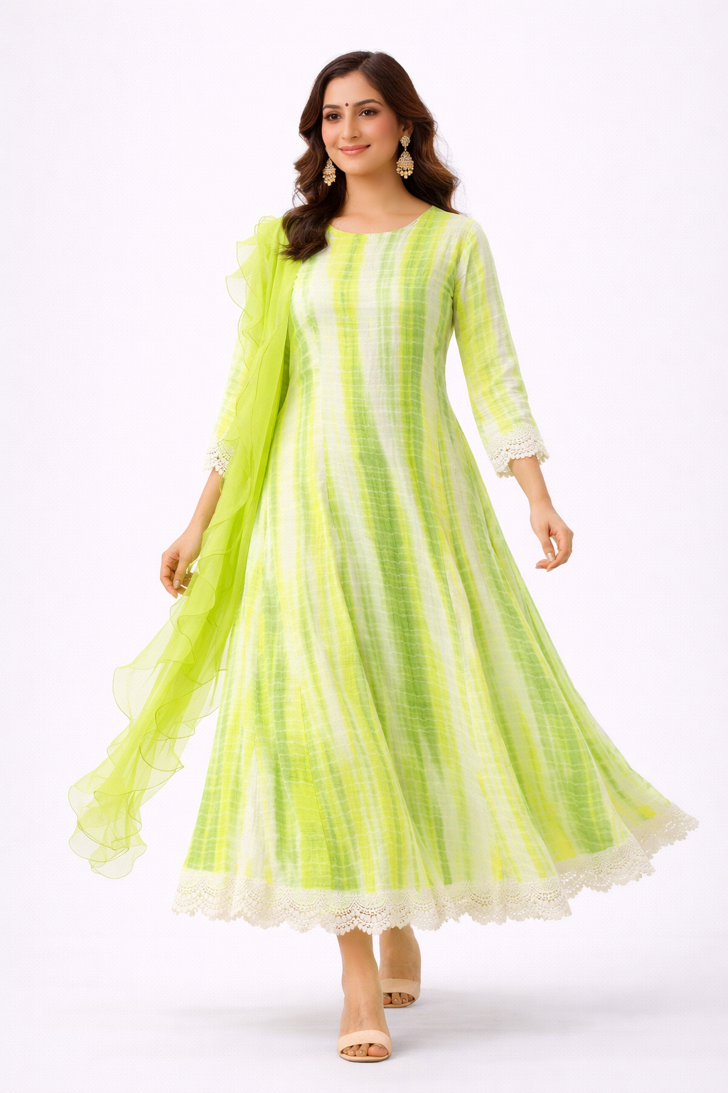 Neon Green Tie-Dye Anarkali with Organza Dupatta