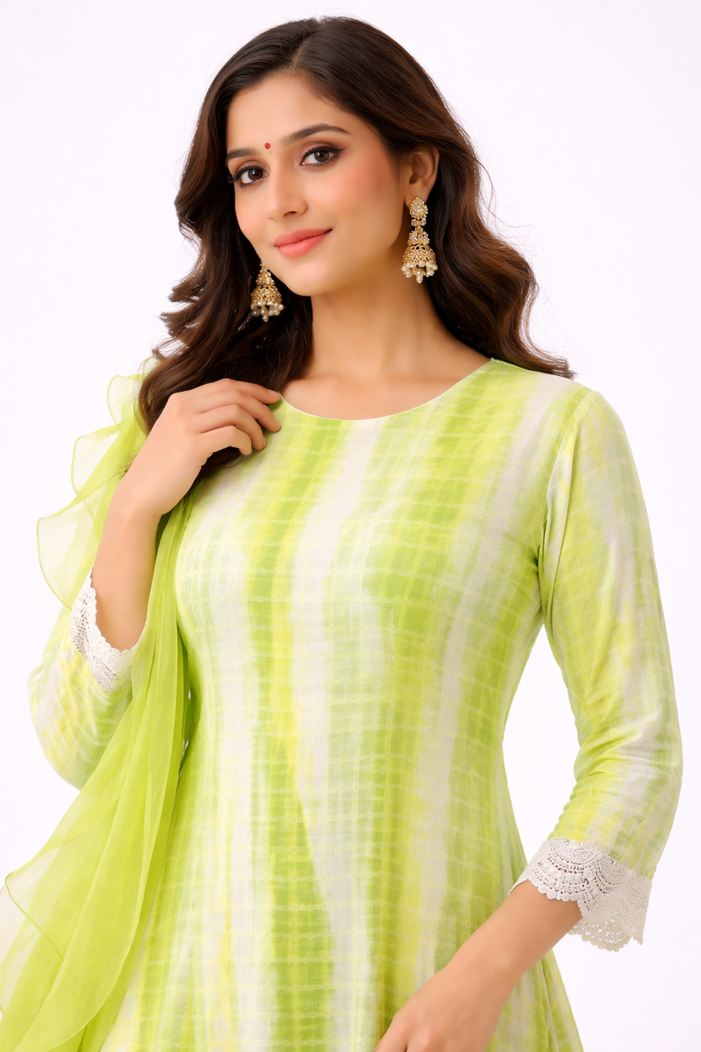 Neon Green Tie-Dye Anarkali with Organza Dupatta