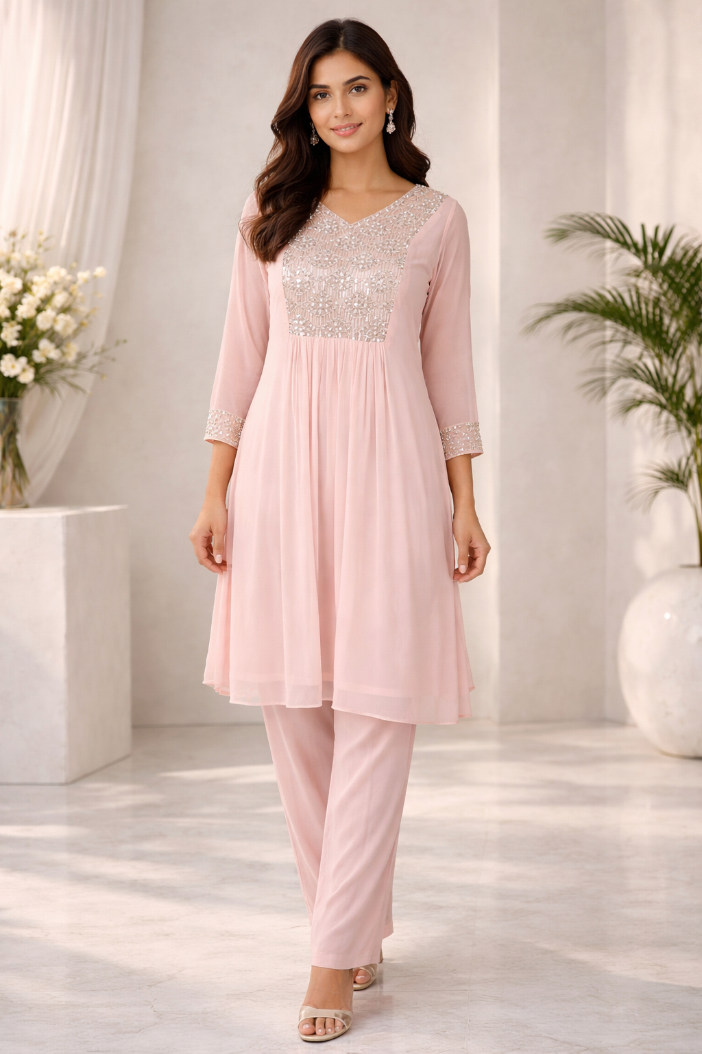 Light Pink Chinnon Kaftan Set with Tulip Salwar