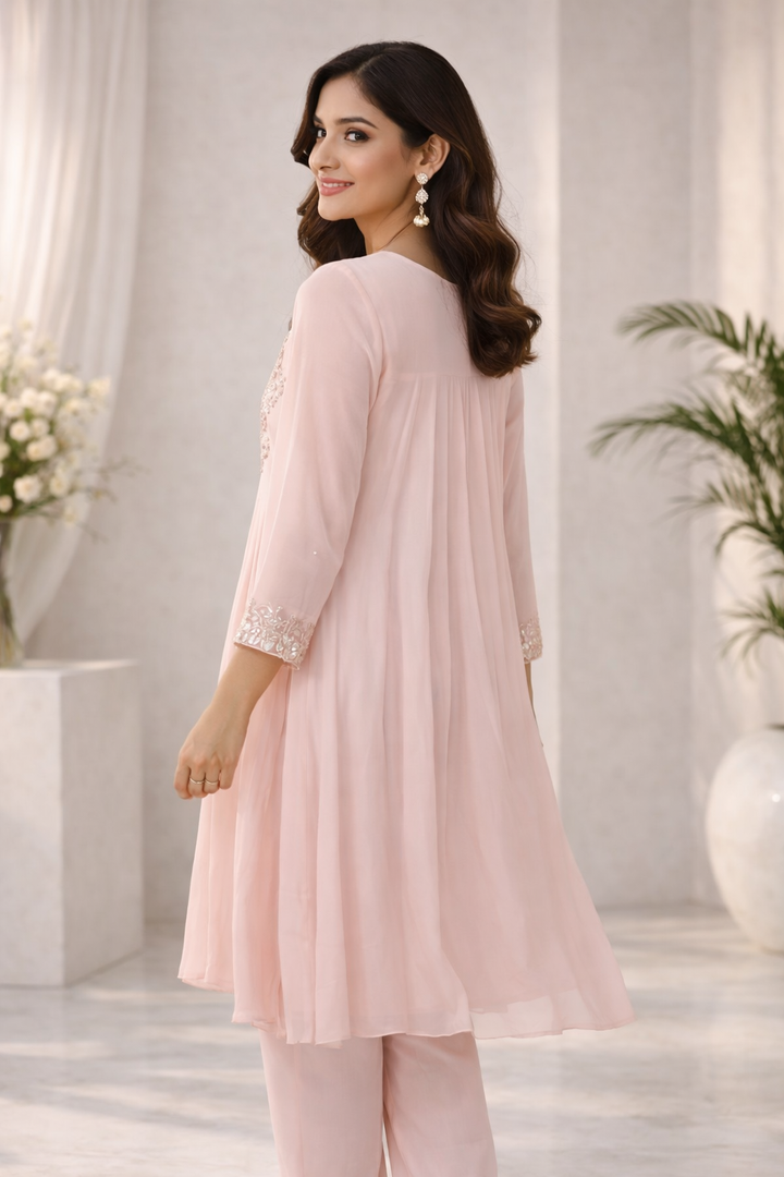Light Pink Chinnon Kaftan Set with Tulip Salwar