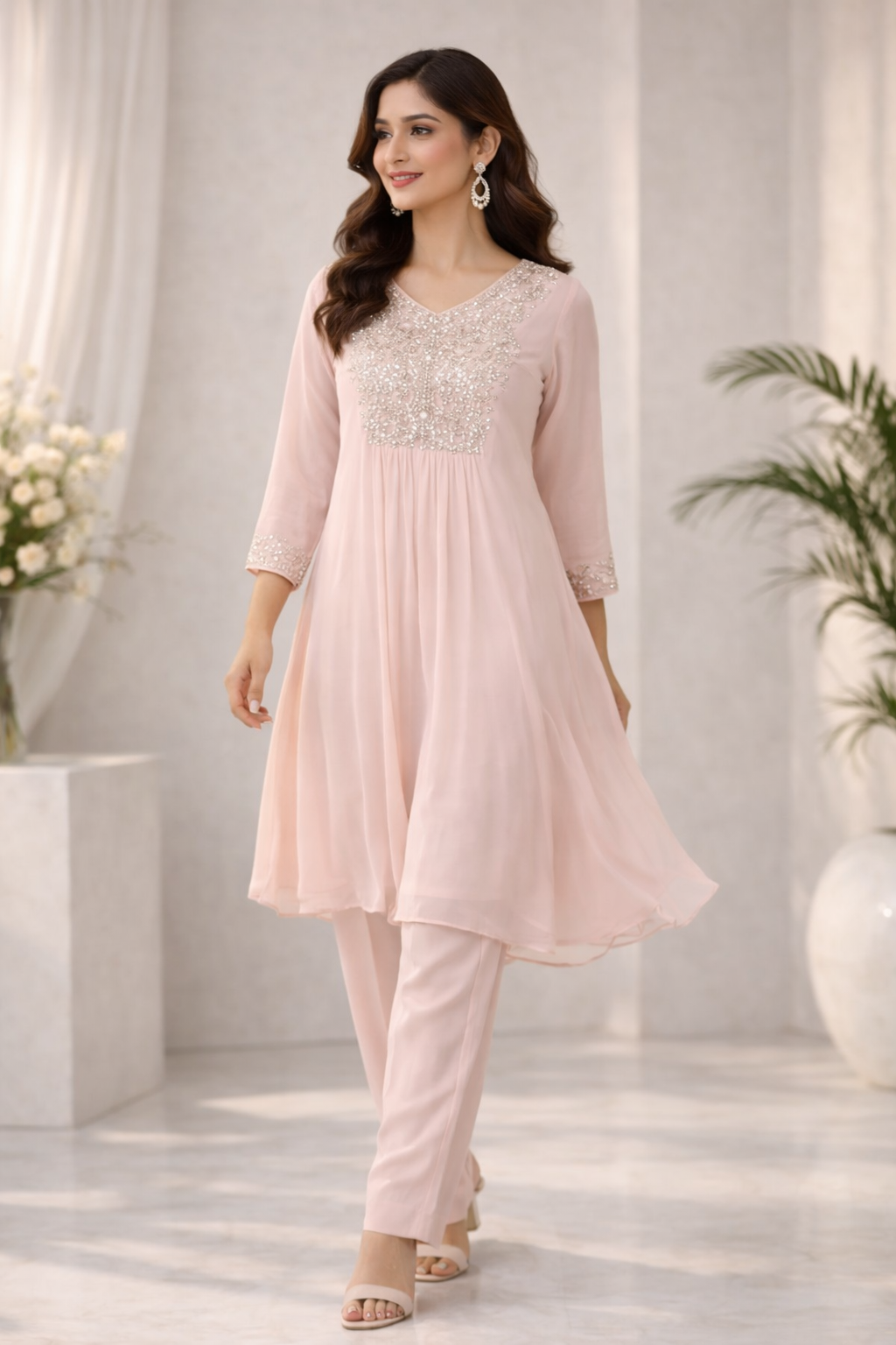 Light Pink Chinnon Kaftan Set with Tulip Salwar