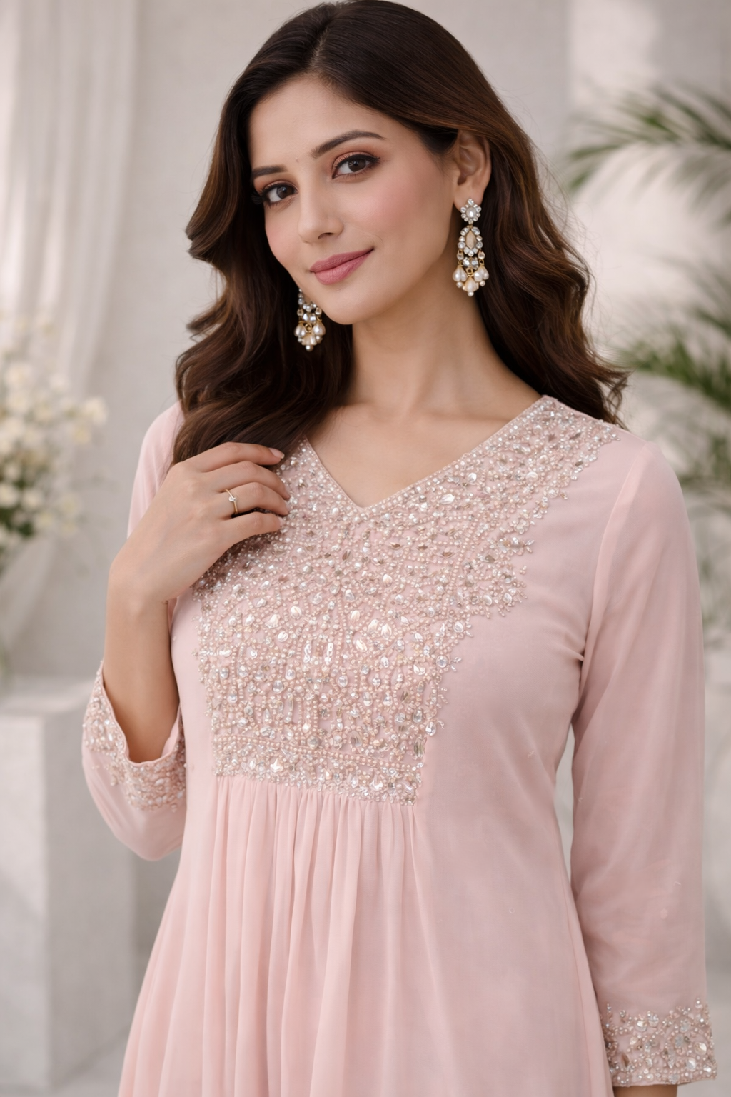 Light Pink Chinnon Kaftan Set with Tulip Salwar