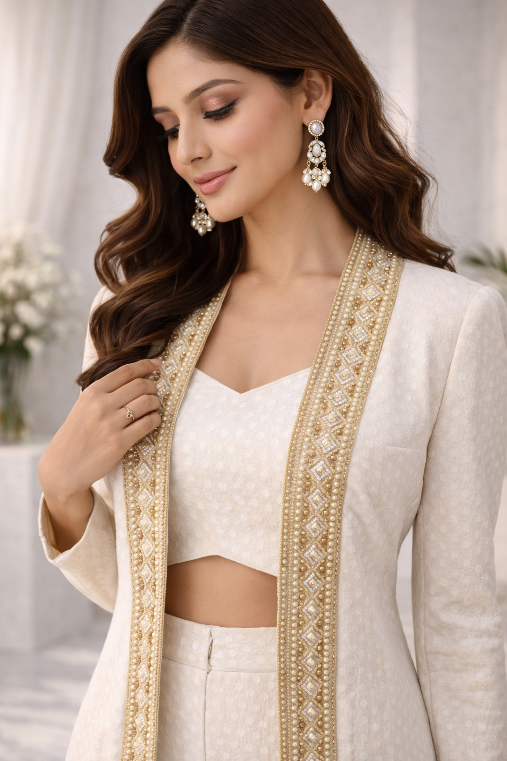 Off White Katan Silk Co-ord Set with Jacket & Bustier