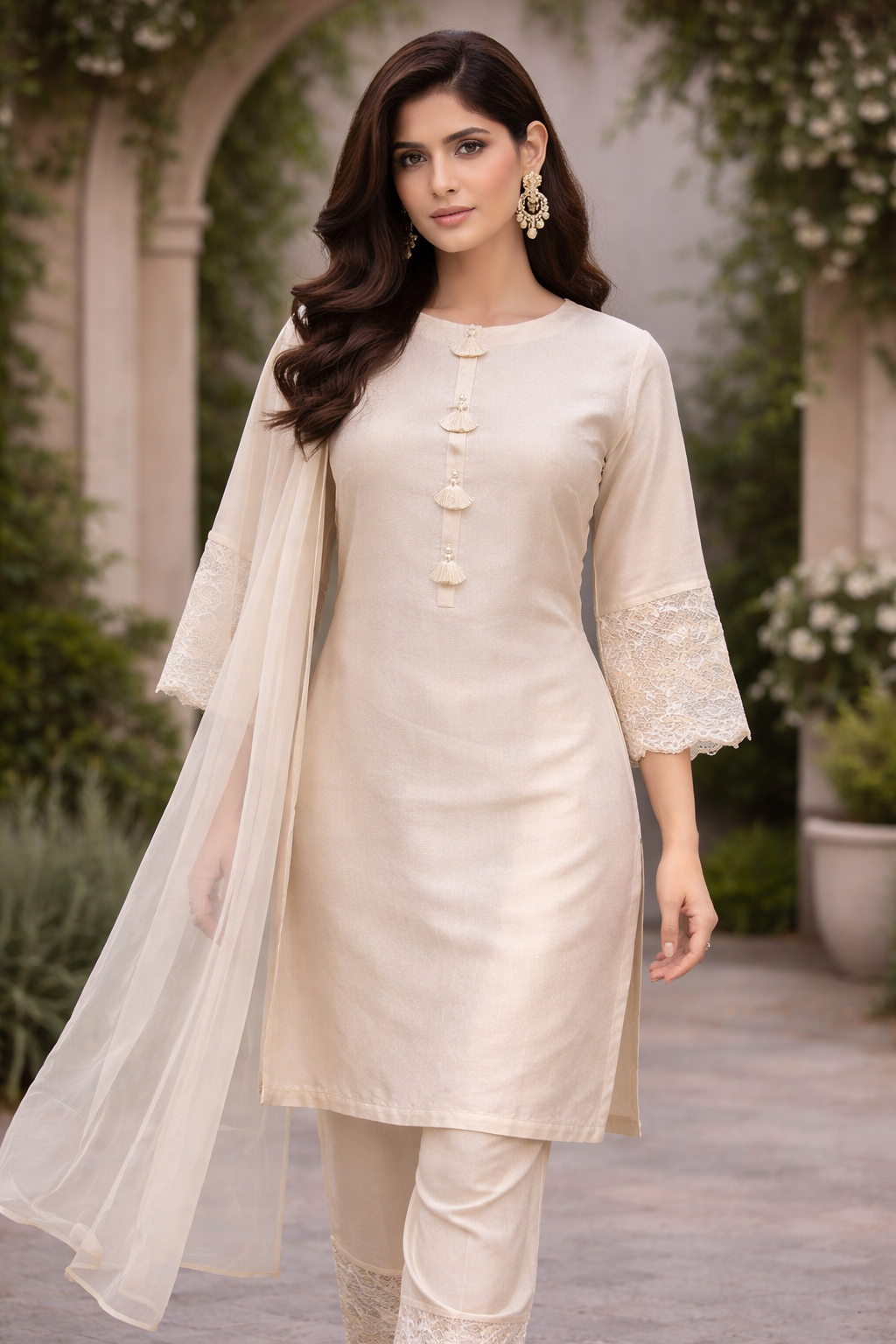 Light Gold Banarasi Tissue Kurti Set with Organza Dupatta
