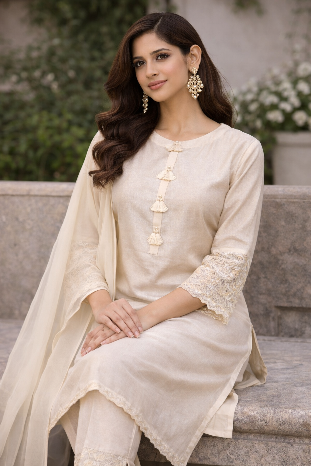 Light Gold Banarasi Tissue Kurti Set with Organza Dupatta