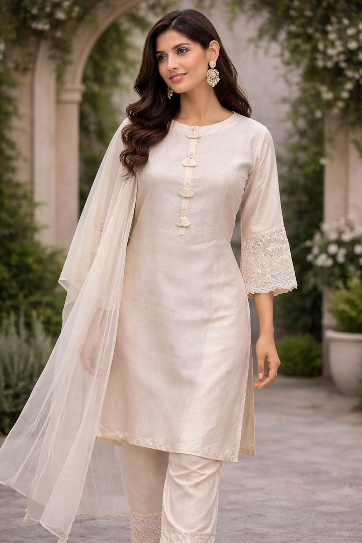 Light Gold Banarasi Tissue Kurti Set with Organza Dupatta