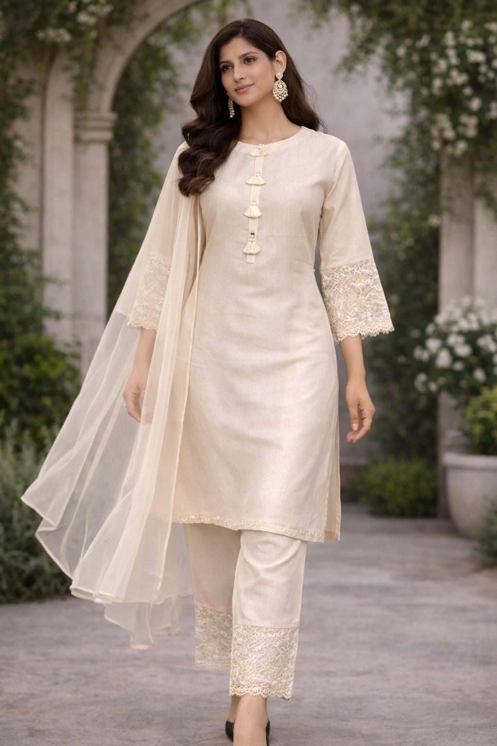 Light Gold Banarasi Tissue Kurti Set with Organza Dupatta