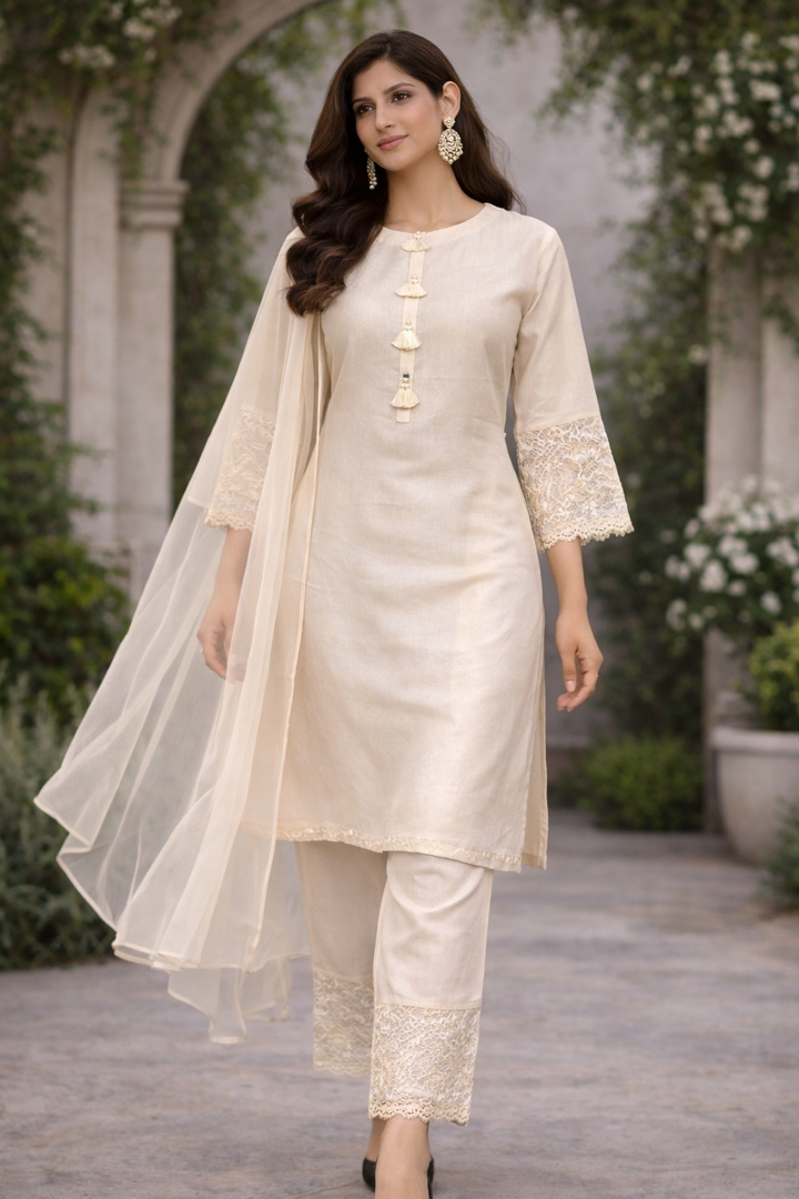 Light Gold Banarasi Tissue Kurti Set with Organza Dupatta