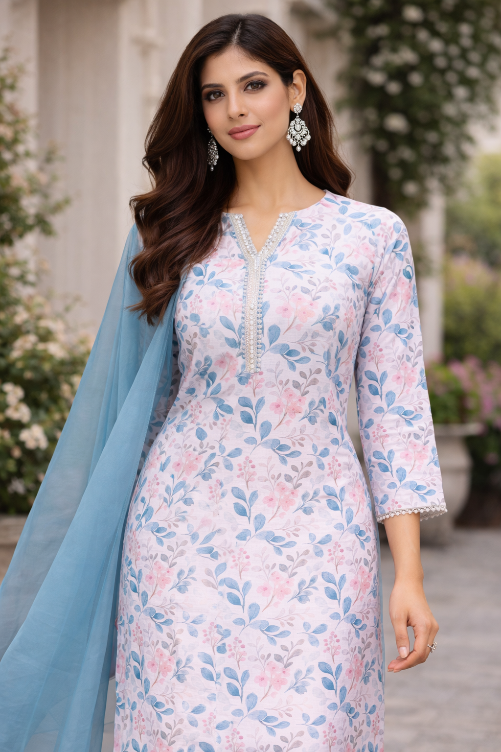 Off White Cotton Kurti Set with Electric Blue Organza Dupatta