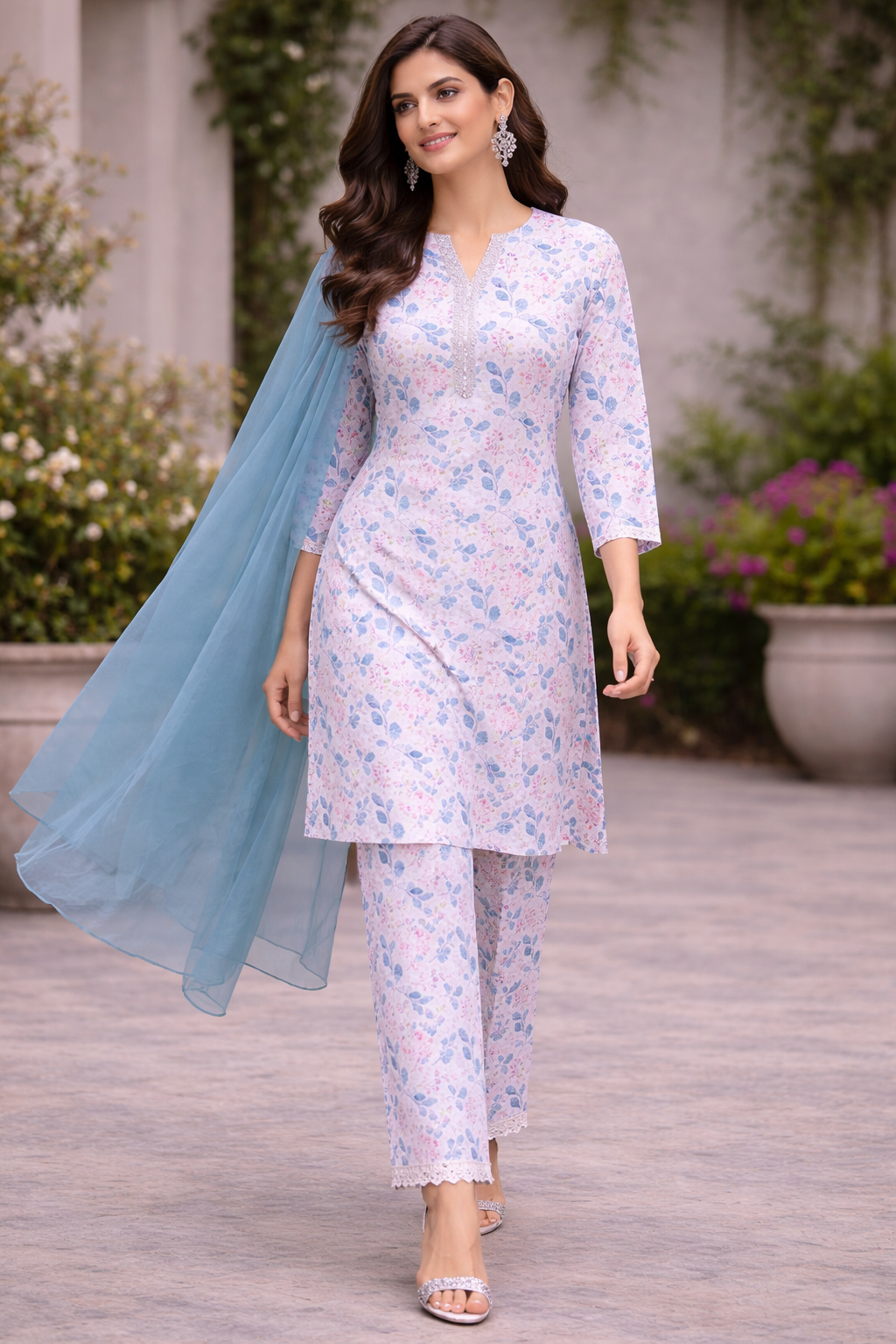 Off White Cotton Kurti Set with Electric Blue Organza Dupatta