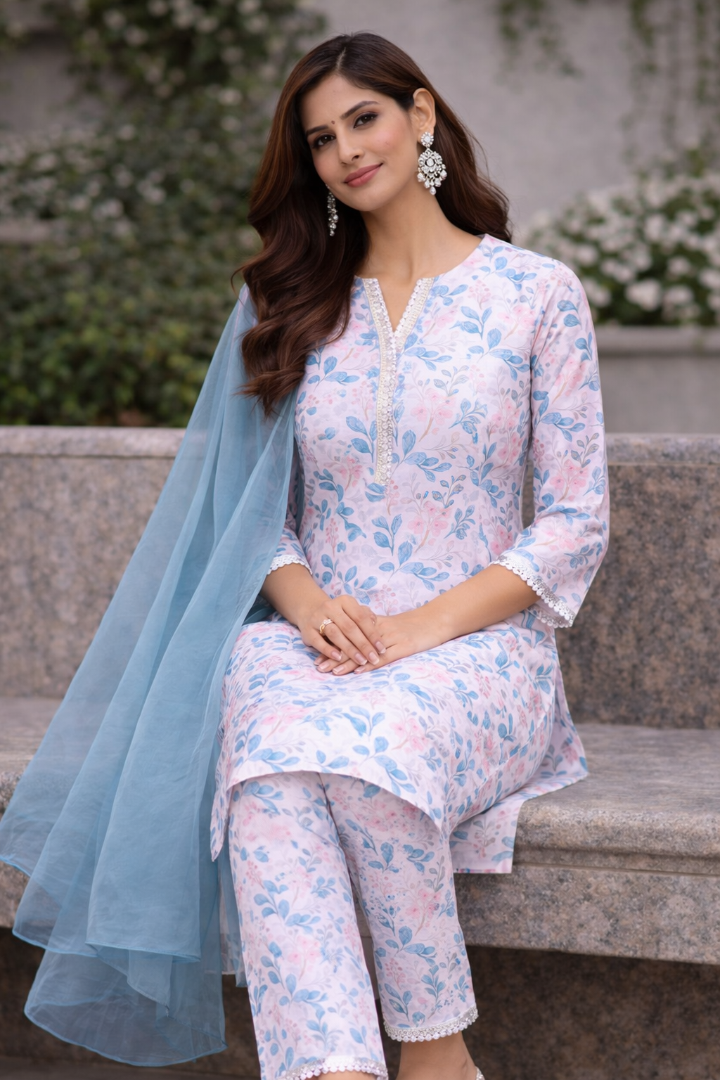 Off White Cotton Kurti Set with Electric Blue Organza Dupatta
