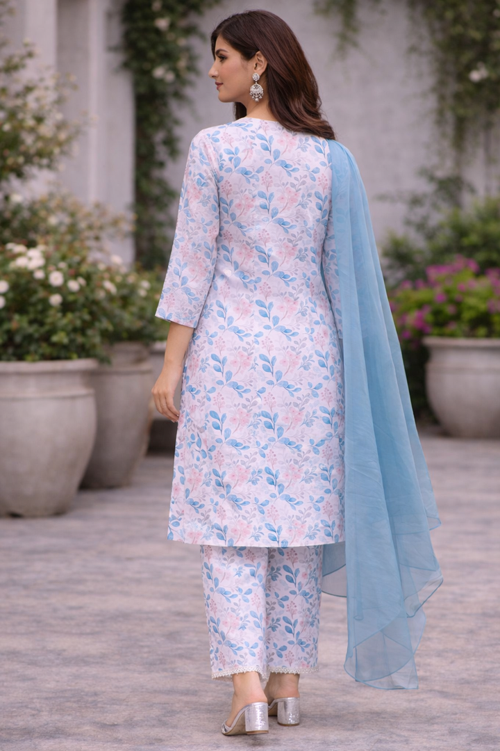 Off White Cotton Kurti Set with Electric Blue Organza Dupatta