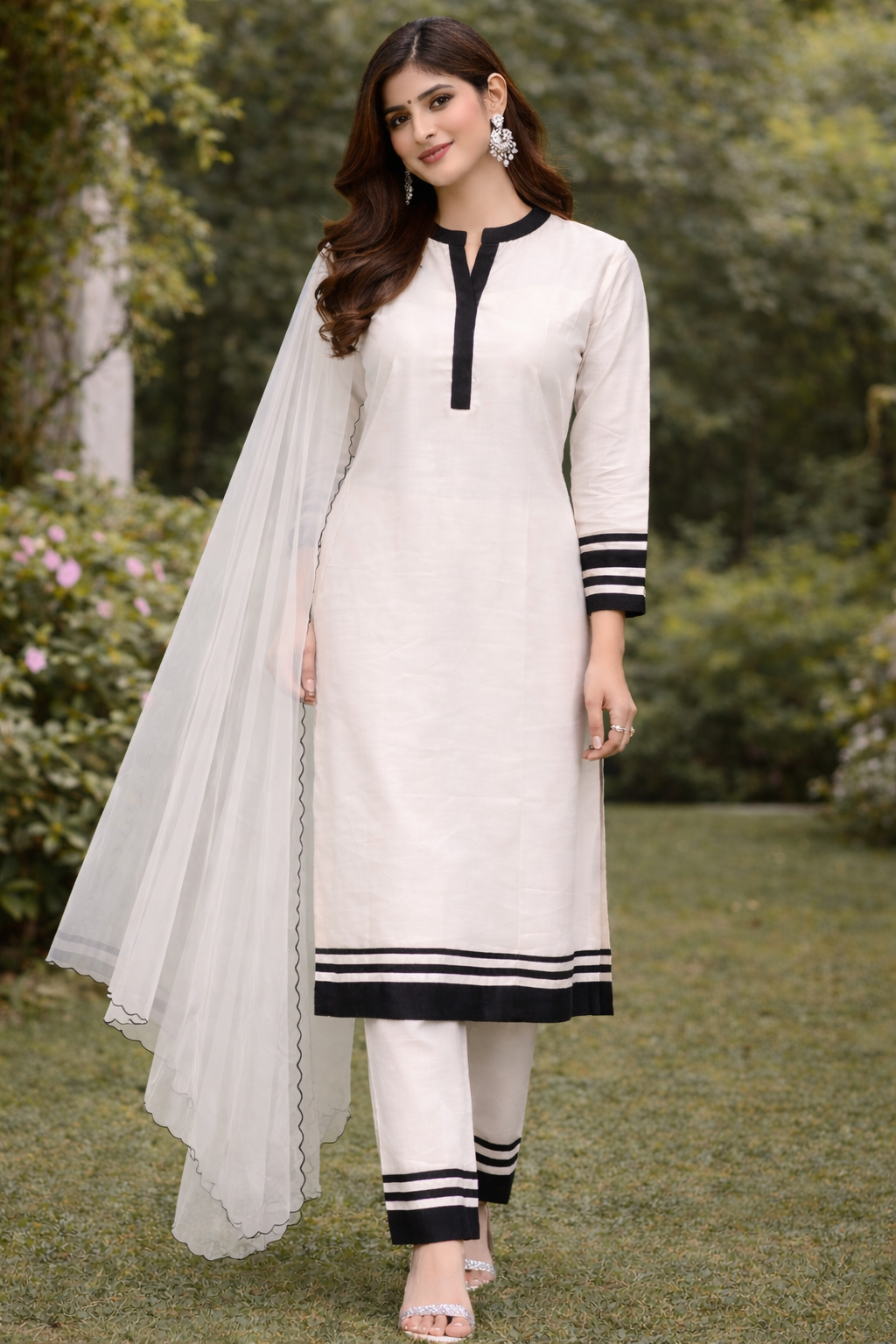 White & Black Katan Silk Kurti Set with Organza Dupatta