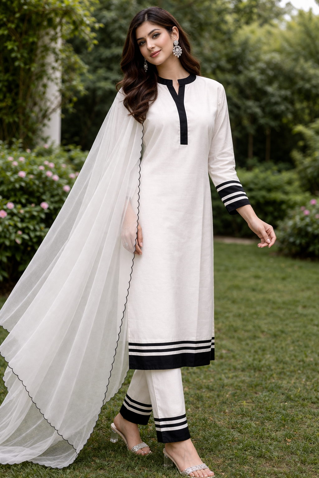 White & Black Katan Silk Kurti Set with Organza Dupatta