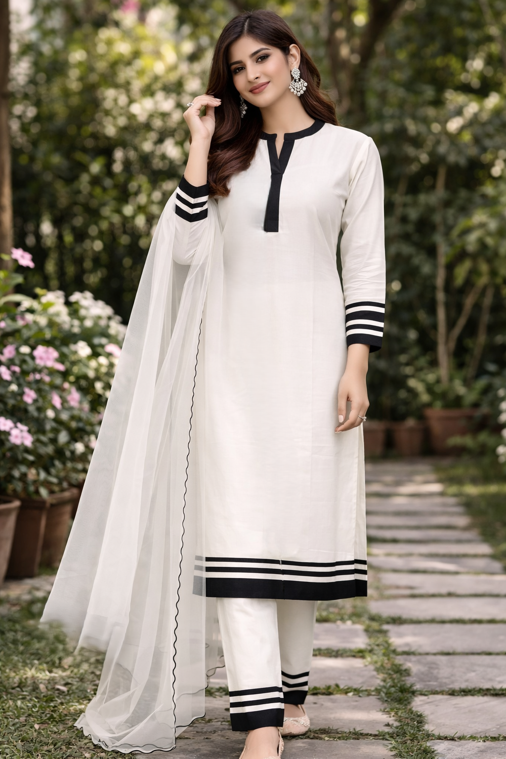 White & Black Katan Silk Kurti Set with Organza Dupatta