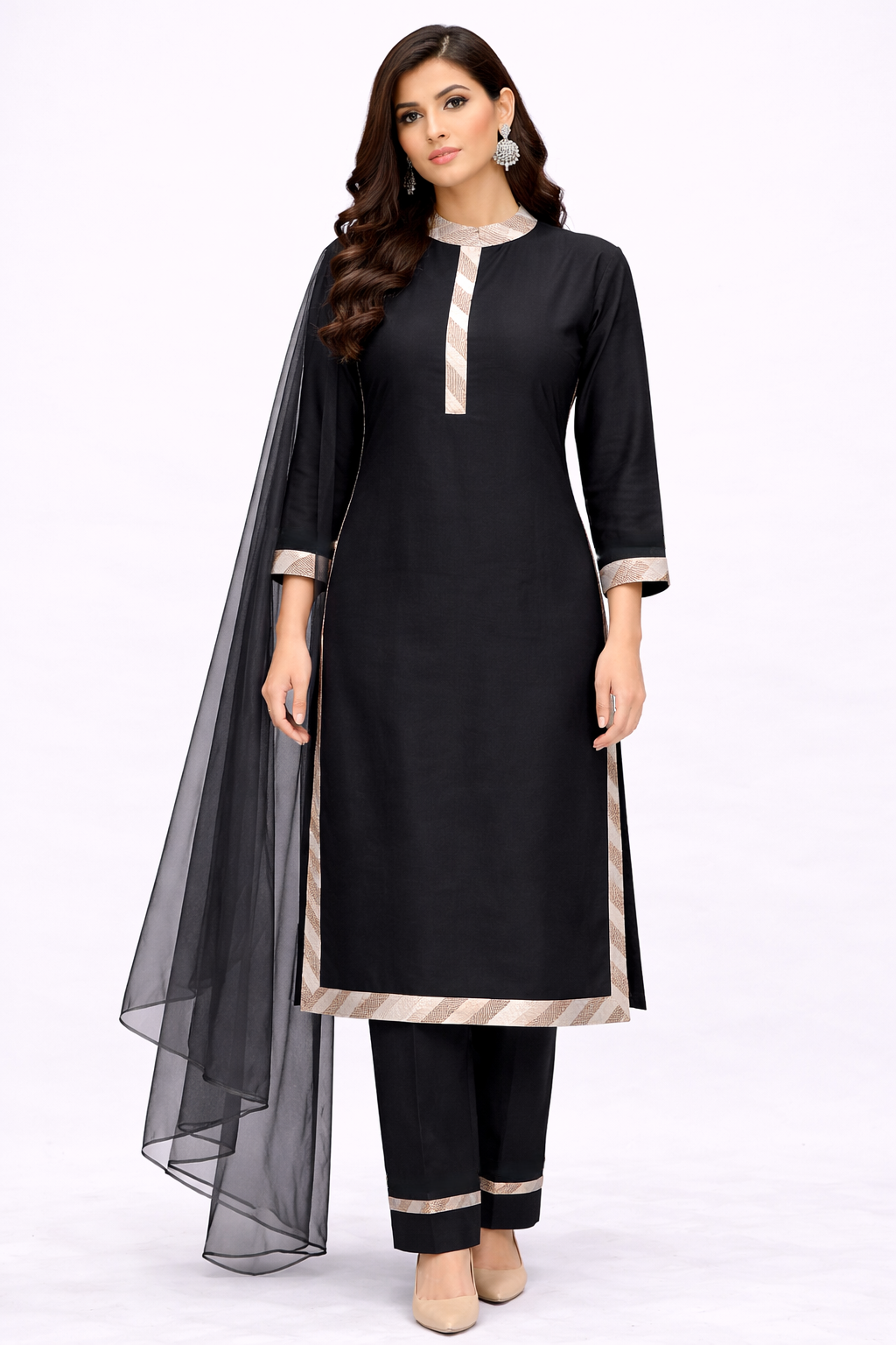 Black Katan Silk Kurti Set with Net Dupatta & Lace Work High Neck