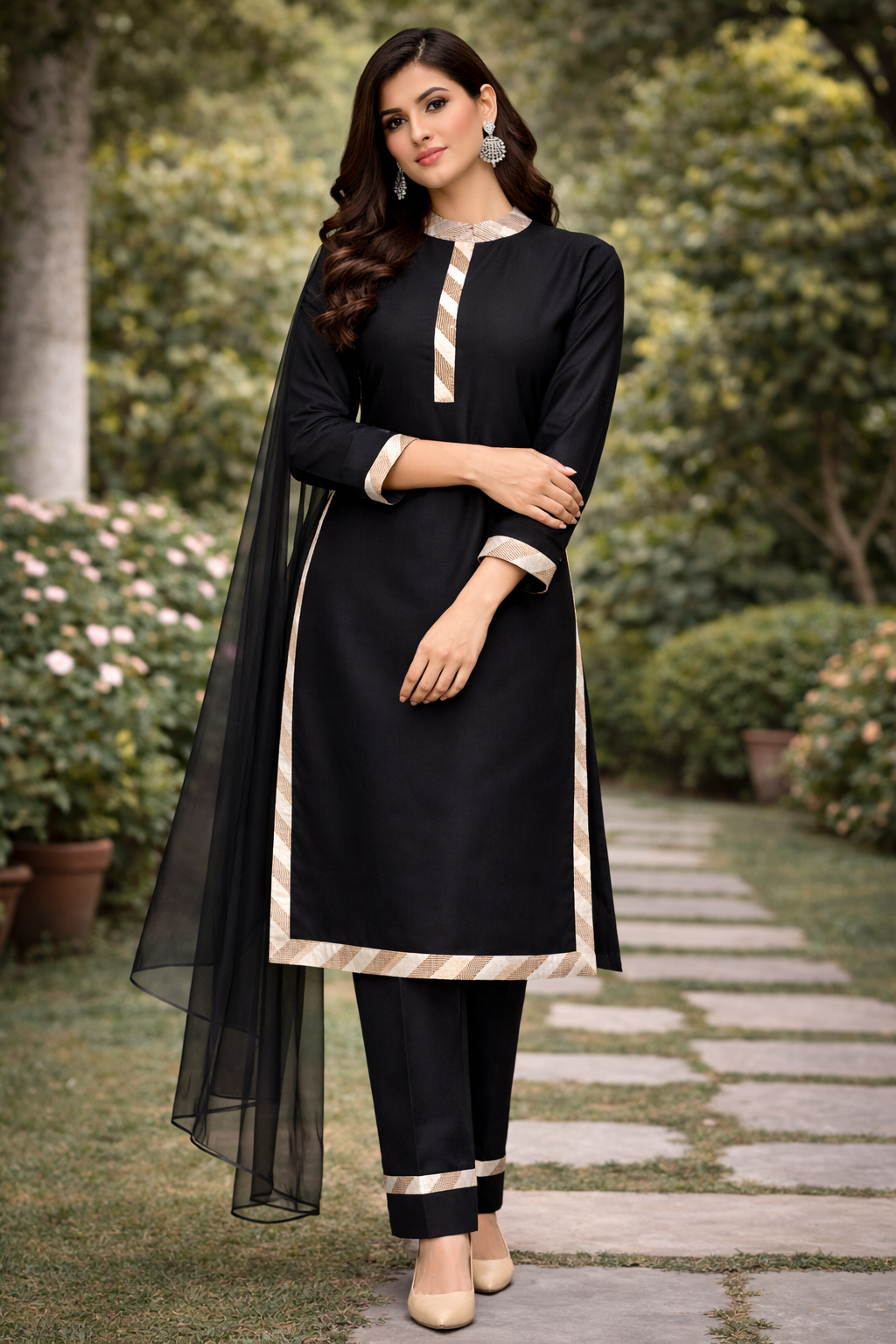 Black Katan Silk Kurti Set with Net Dupatta & Lace Work High Neck