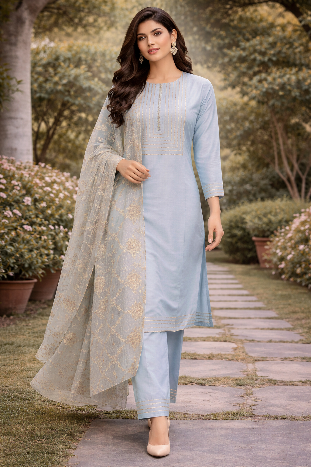 Light Dusty Blue Katan Silk Kurti Set with Lace Work