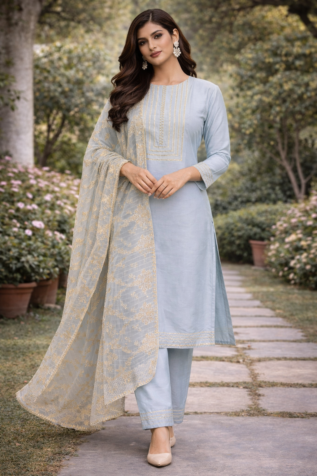 Light Dusty Blue Katan Silk Kurti Set with Lace Work