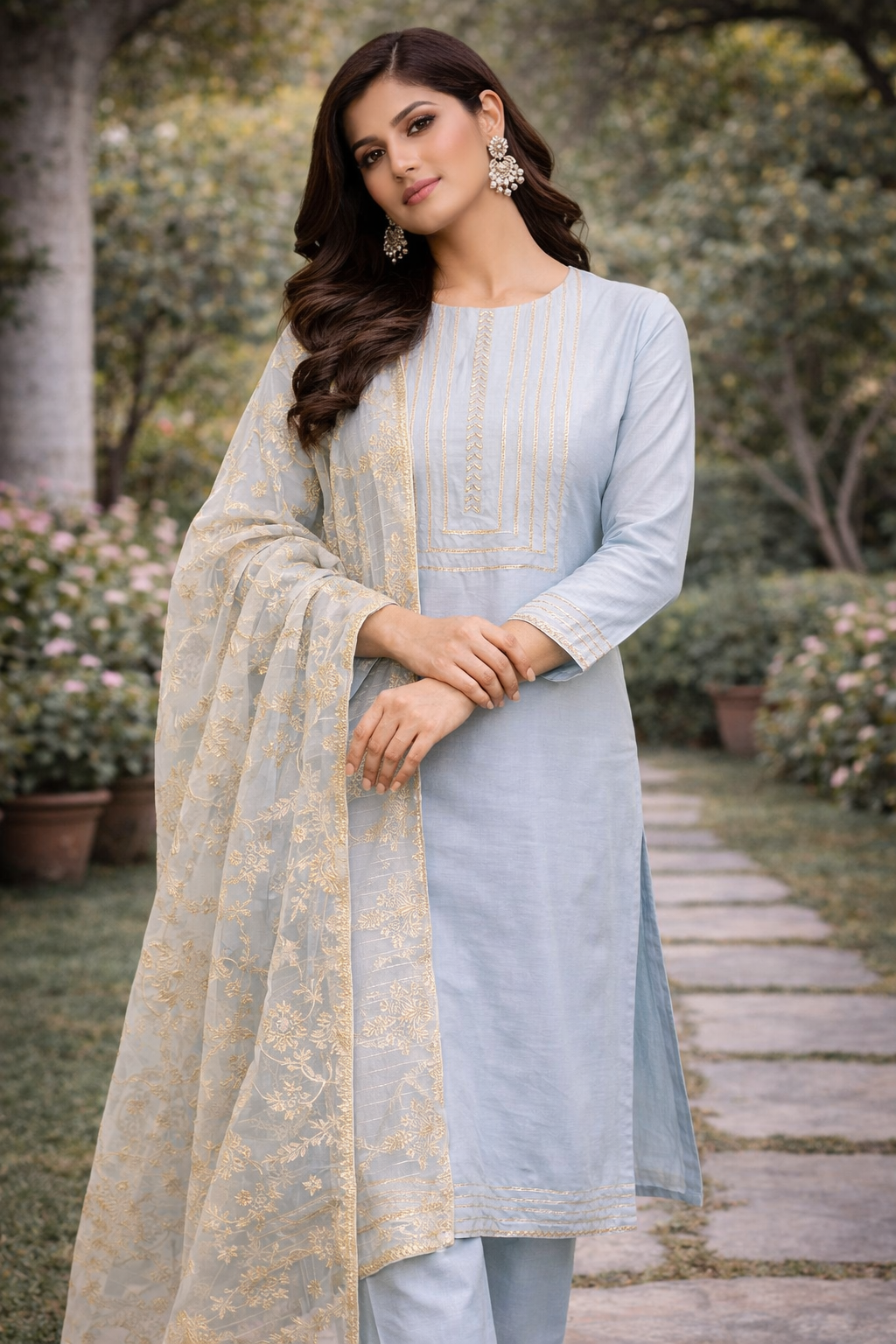 Light Dusty Blue Katan Silk Kurti Set with Lace Work