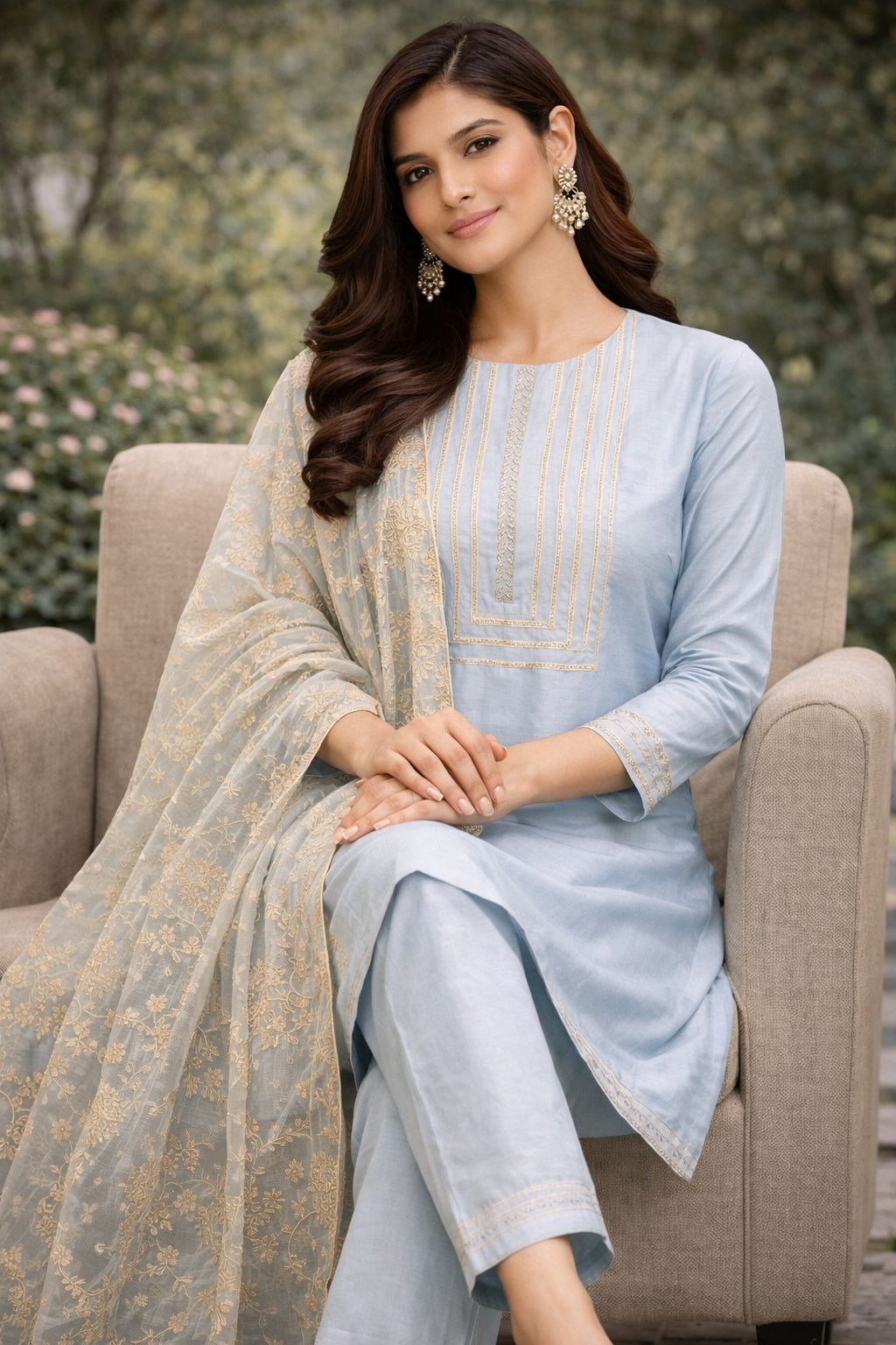 Light Dusty Blue Katan Silk Kurti Set with Lace Work
