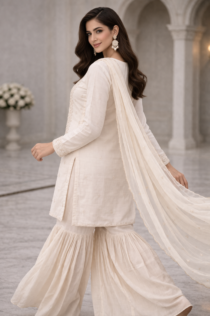 Light Peach Chinon Kurta Sharara Set with Hand Katdana Tikki Moti Work