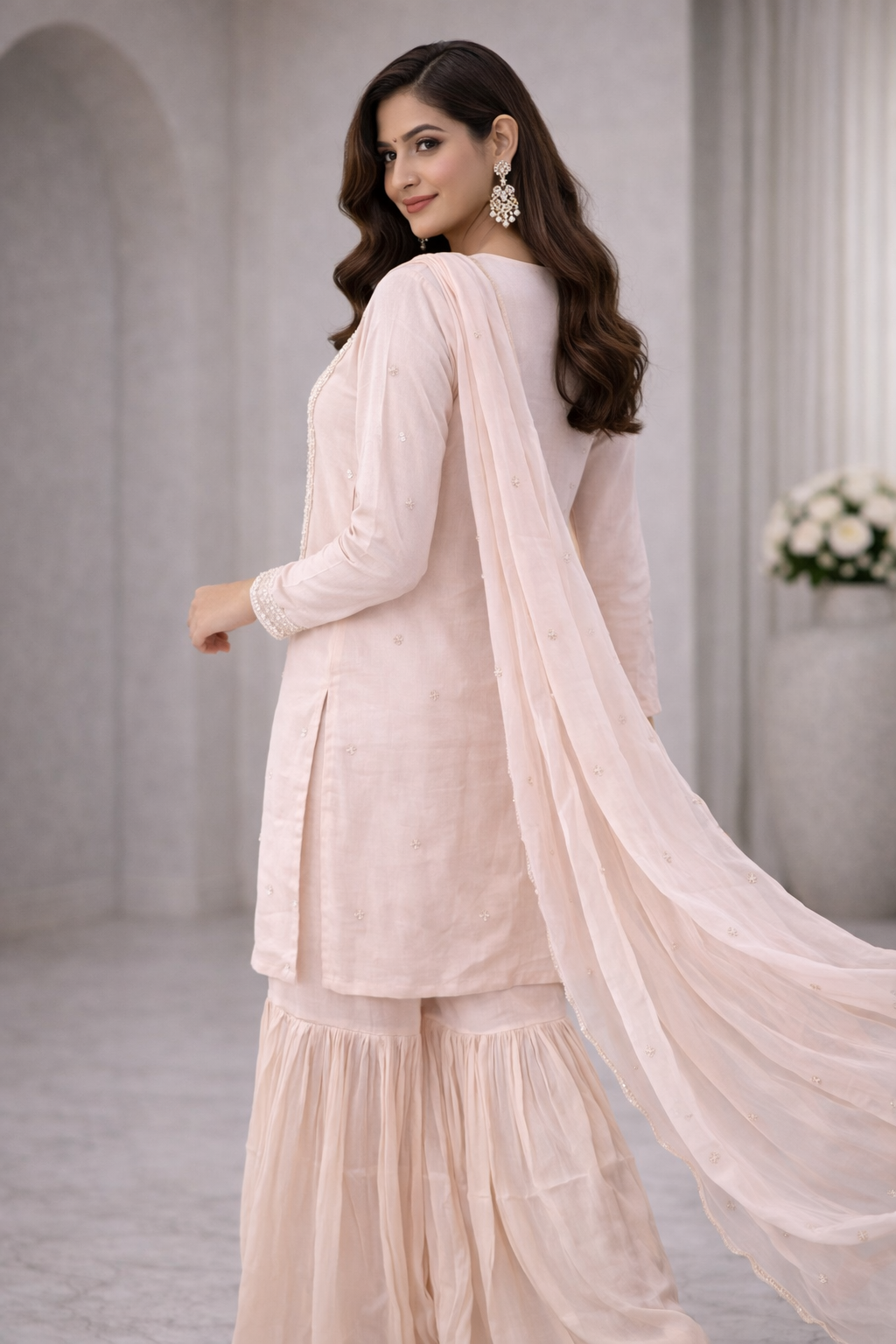 Light Pink Chinon Kurta Sharara Set with Hand Katdana Tikki Moti Work
