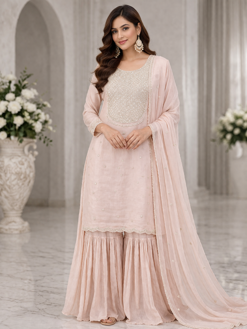 Light Pink Chinon Kurta Sharara Set with Hand Katdana Tikki Moti Work