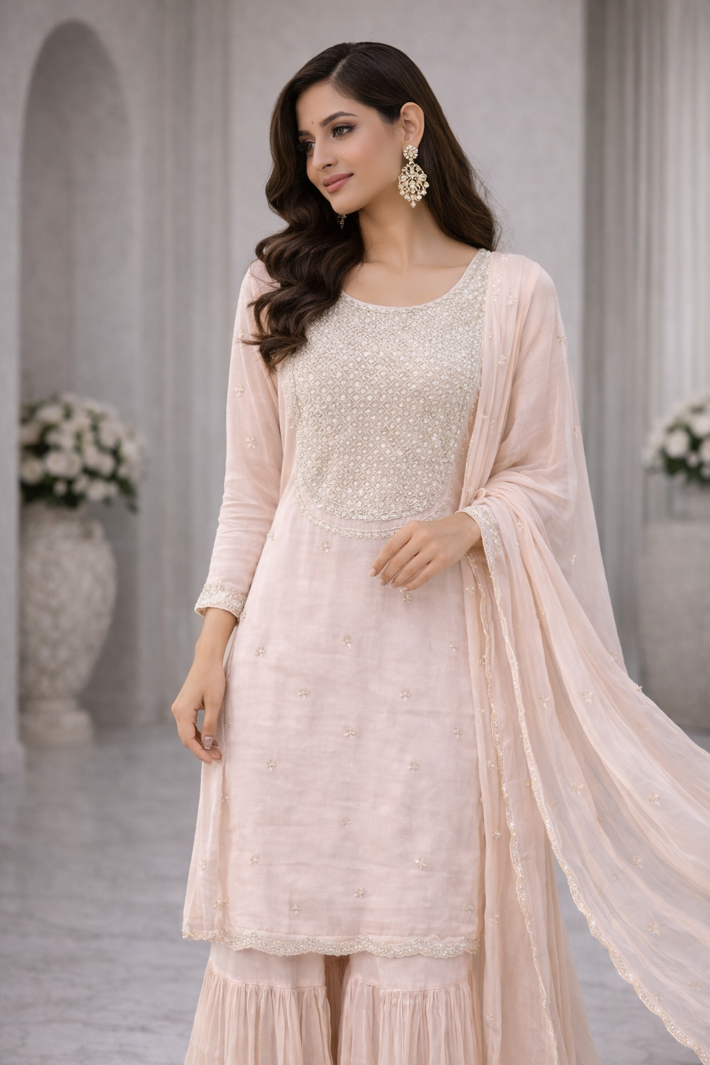 Light Pink Chinon Kurta Sharara Set with Hand Katdana Tikki Moti Work