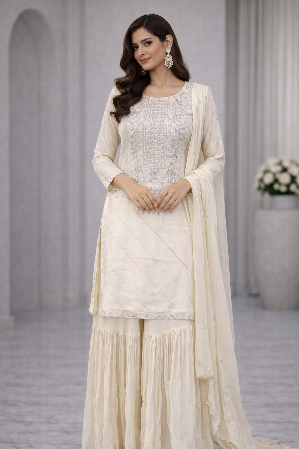 Lime Chinon Kurti Sharara Set with Chiffon Dupatta & Hand Katdana Work
