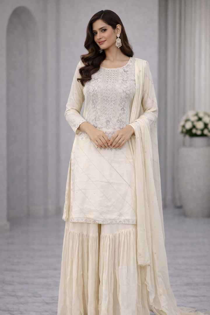 Lime Chinon Kurti Sharara Set with Chiffon Dupatta & Hand Katdana Work