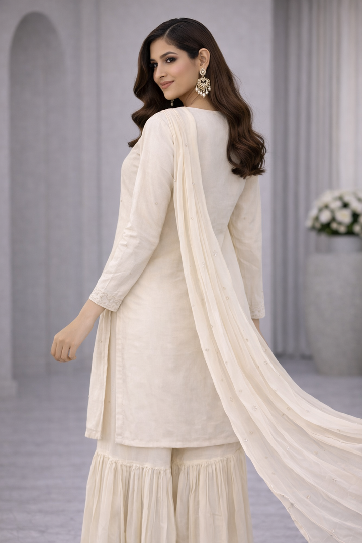 Lime Chinon Kurti Sharara Set with Chiffon Dupatta & Hand Katdana Work