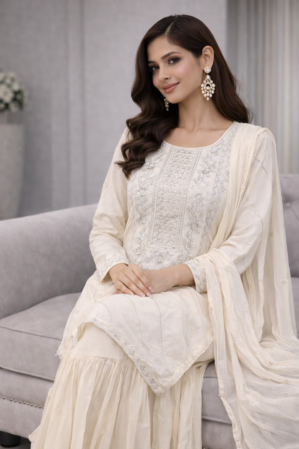Lime Chinon Kurti Sharara Set with Chiffon Dupatta & Hand Katdana Work