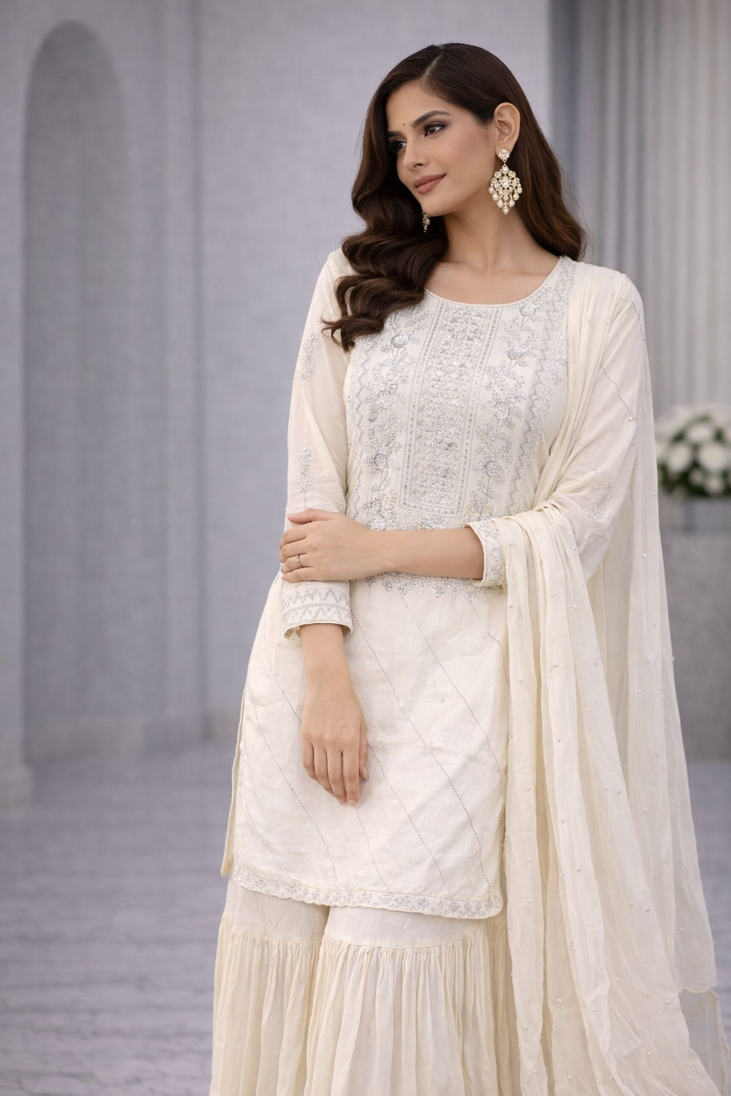 Lime Chinon Kurti Sharara Set with Chiffon Dupatta & Hand Katdana Work