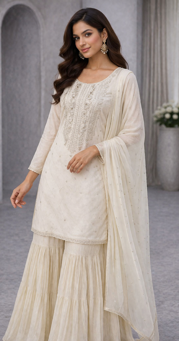 Off White Chinon Kurti Sharara Set with Chiffon Dupatta
