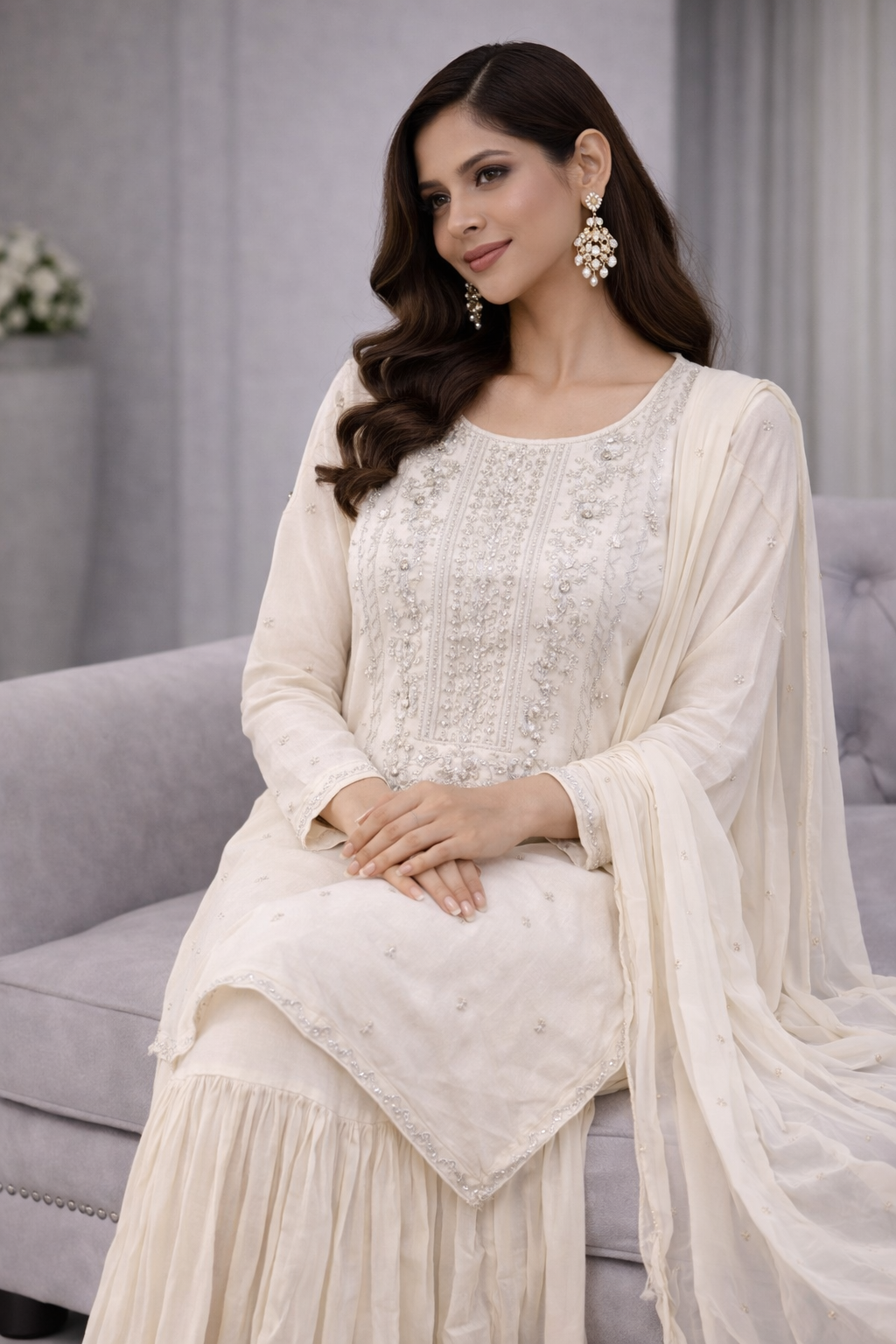 Off White Chinon Kurti Sharara Set with Chiffon Dupatta